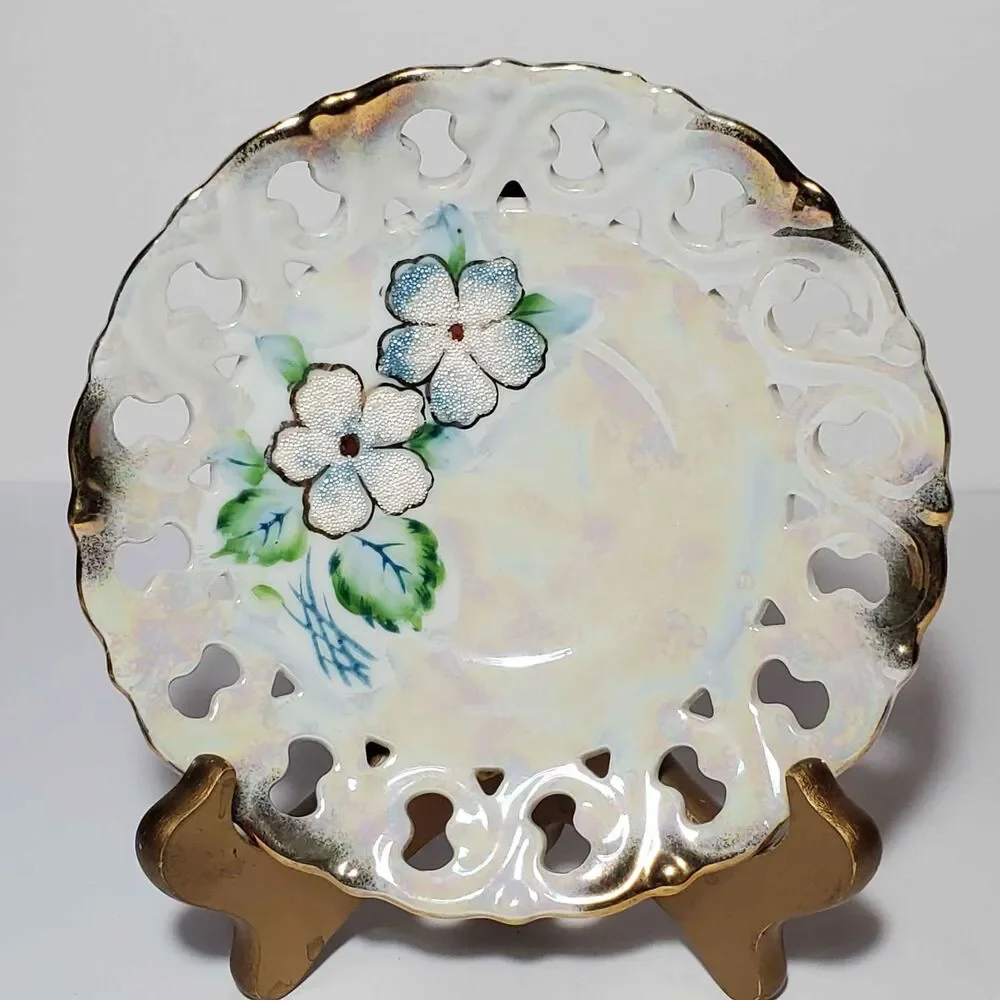 EFCCO Teacup and Saucer Blue White Textured Flowers Reticulated Opalescent